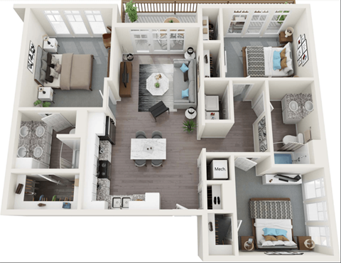 Floor plan for 3 beds, 2 baths, 1384 sqft